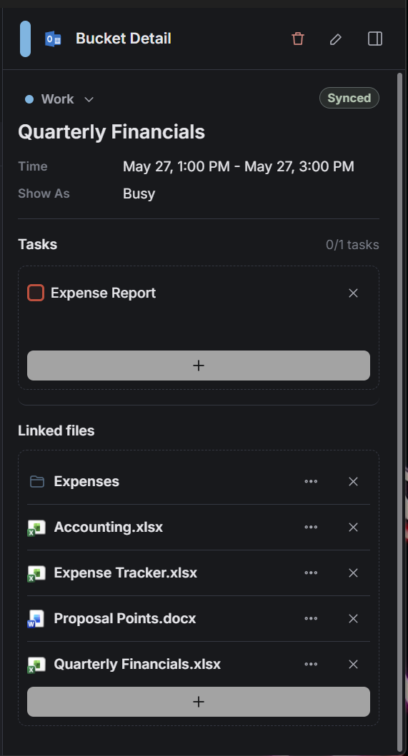 Dainvo bucket panel showing work tasks and linked files