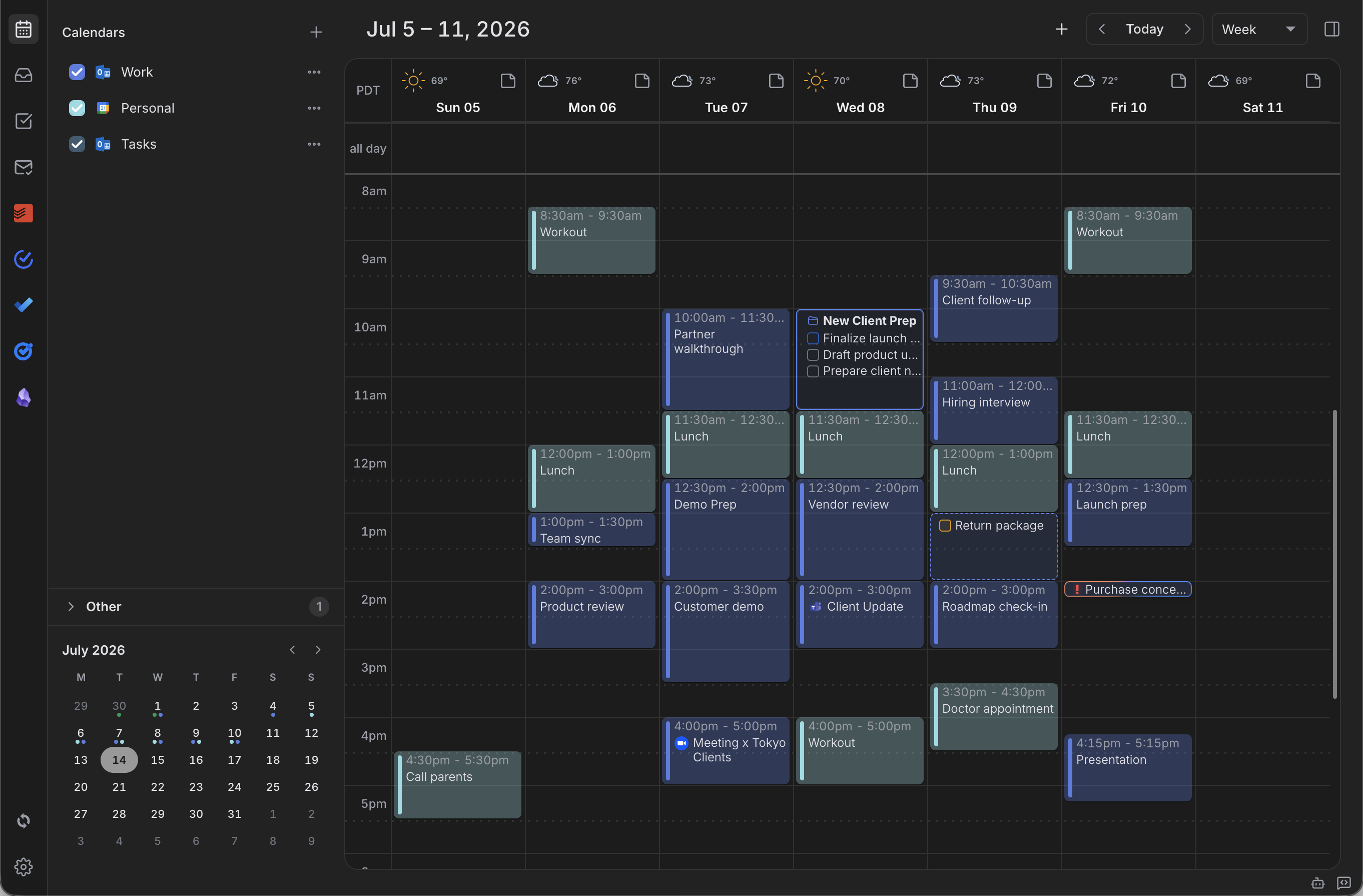 Dainvo planner week view in dark mode