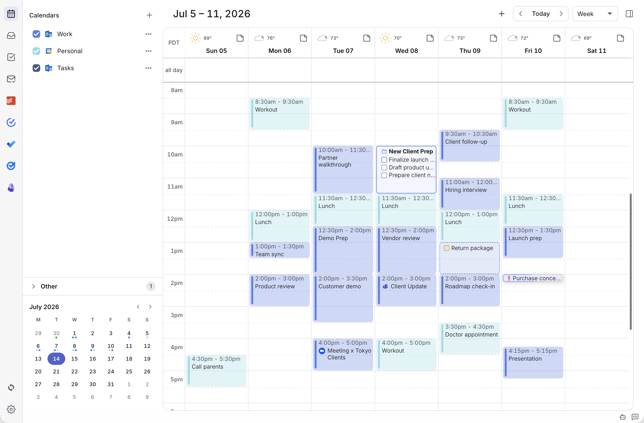 Dainvo planner week view with connected calendars, tasks, weather, and focus blocks