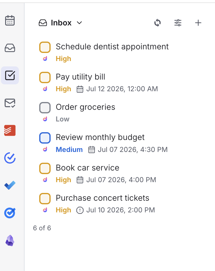 Current Dainvo Desktop task inbox with priorities, due dates, and provider icons