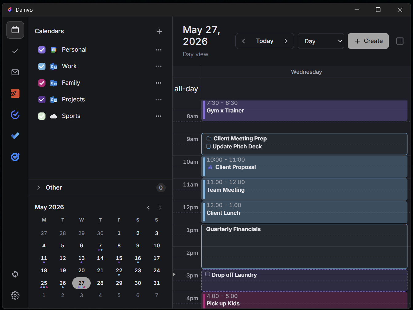 Dainvo day view with work meetings, family events, and scheduled tasks