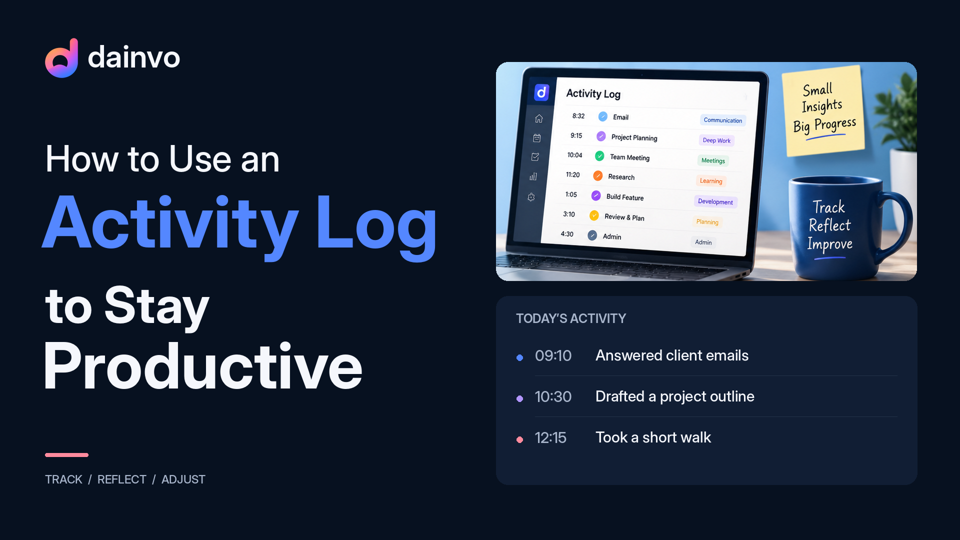 Dainvo activity log graphic with a laptop and a daily activity list