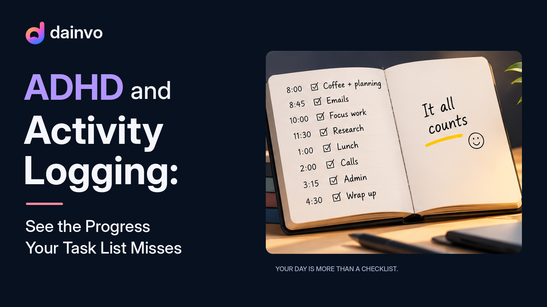 Dainvo activity logging graphic with a daily checklist in an open notebook