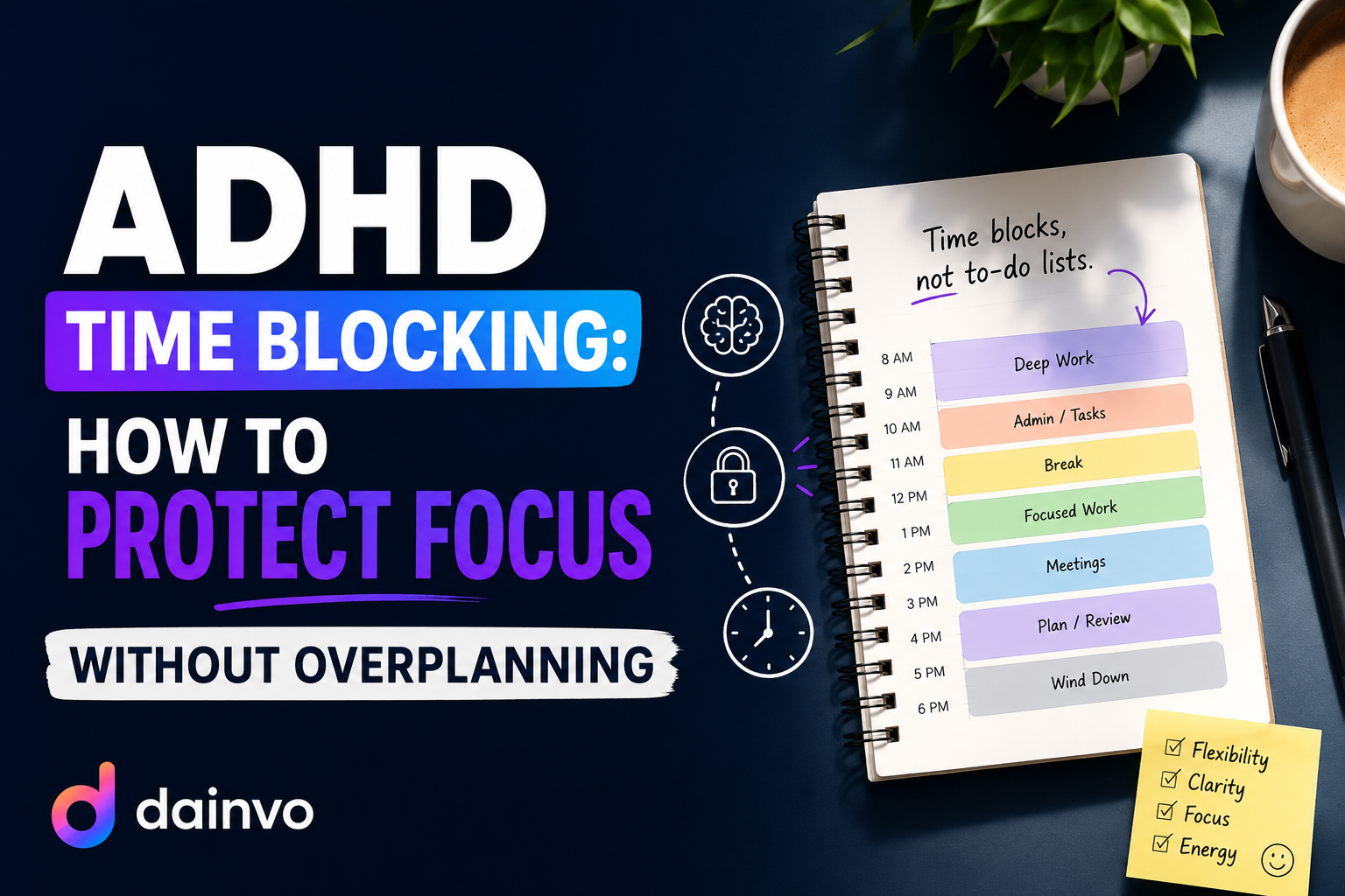 ADHD time blocking guide graphic with colored focus blocks on a desk planner
